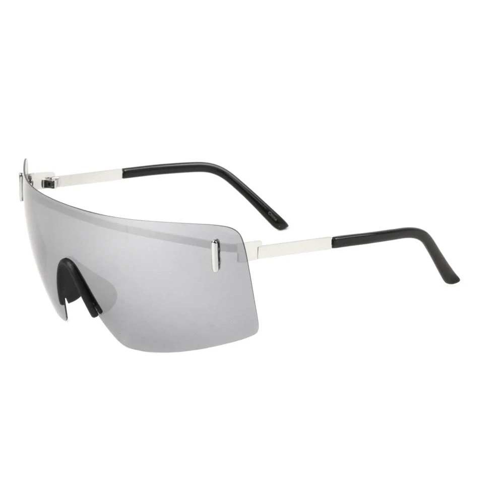 Shield Sunglasses Silver Mirrored Lens Rimless Visor Sporty Fashion Trendy Style